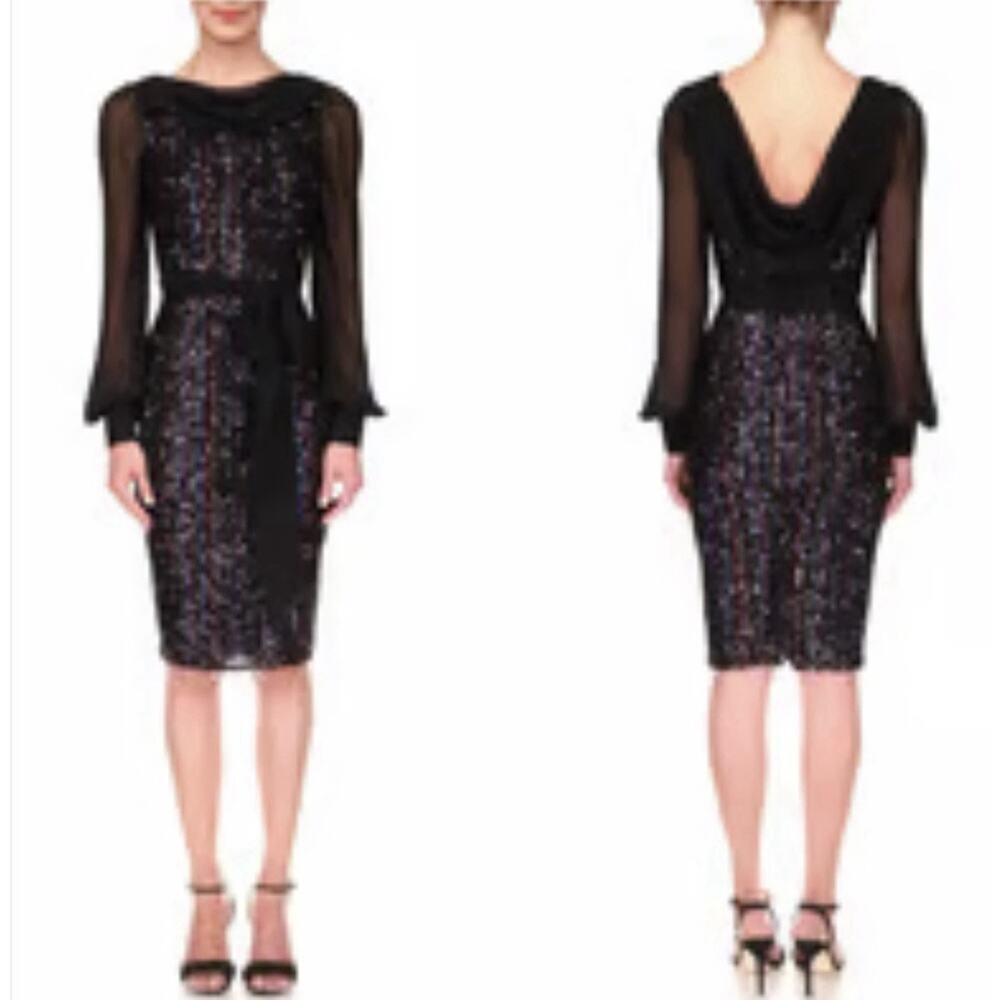 Badgley Mischka Black Belted Stripe and Sequined Tulle and Chiffon Dress Size 10